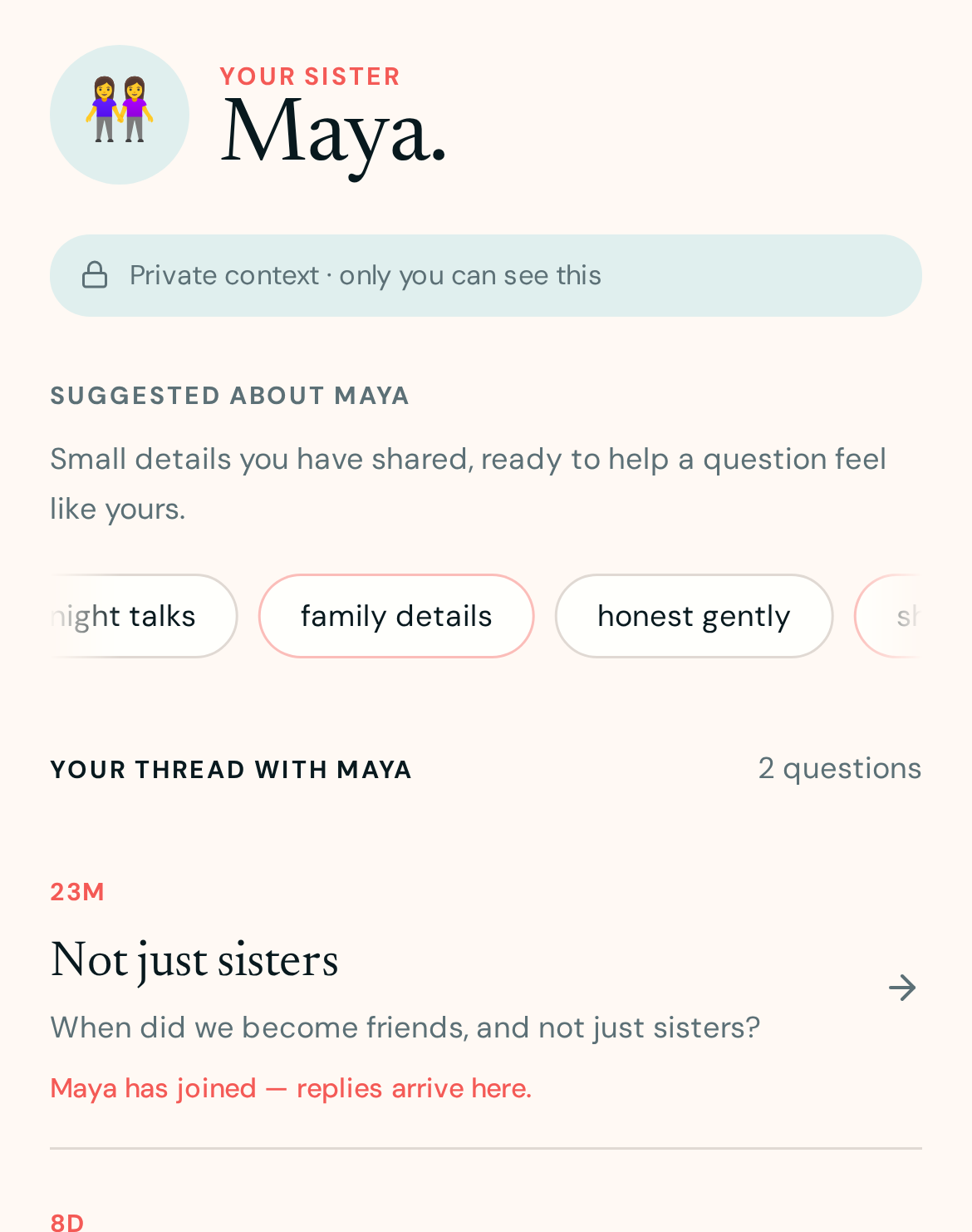 A connection's profile with details and follow-up questions